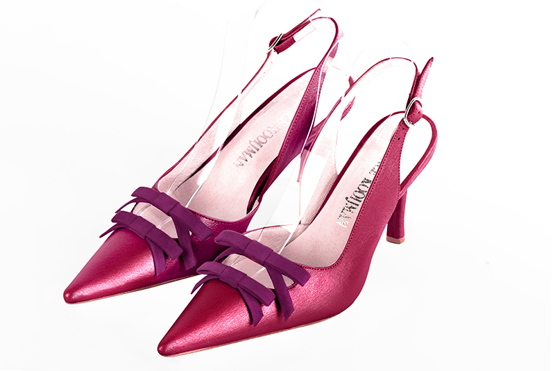 Fuschia pink and mulberry purple women's open back shoes, with a knot. Pointed toe. High slim heel. Front view - Florence KOOIJMAN
